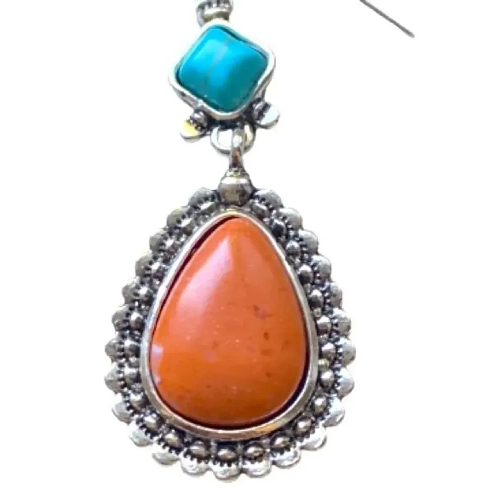 Men’s Western Native American Style Faux Turquoise, Coral & Silver Tone Earrings